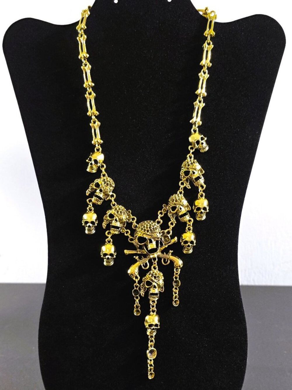 Gold Tone Pirate Skull Statement Necklace Bones Chain - Picture 4 of 9